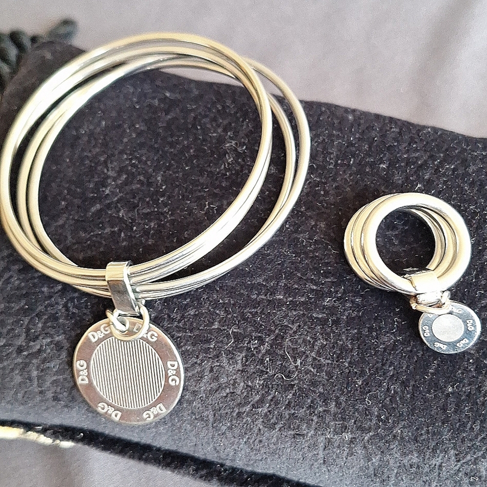Dolce & Gabbana Silver Bangle Bracelet with Charm and Matching Ring